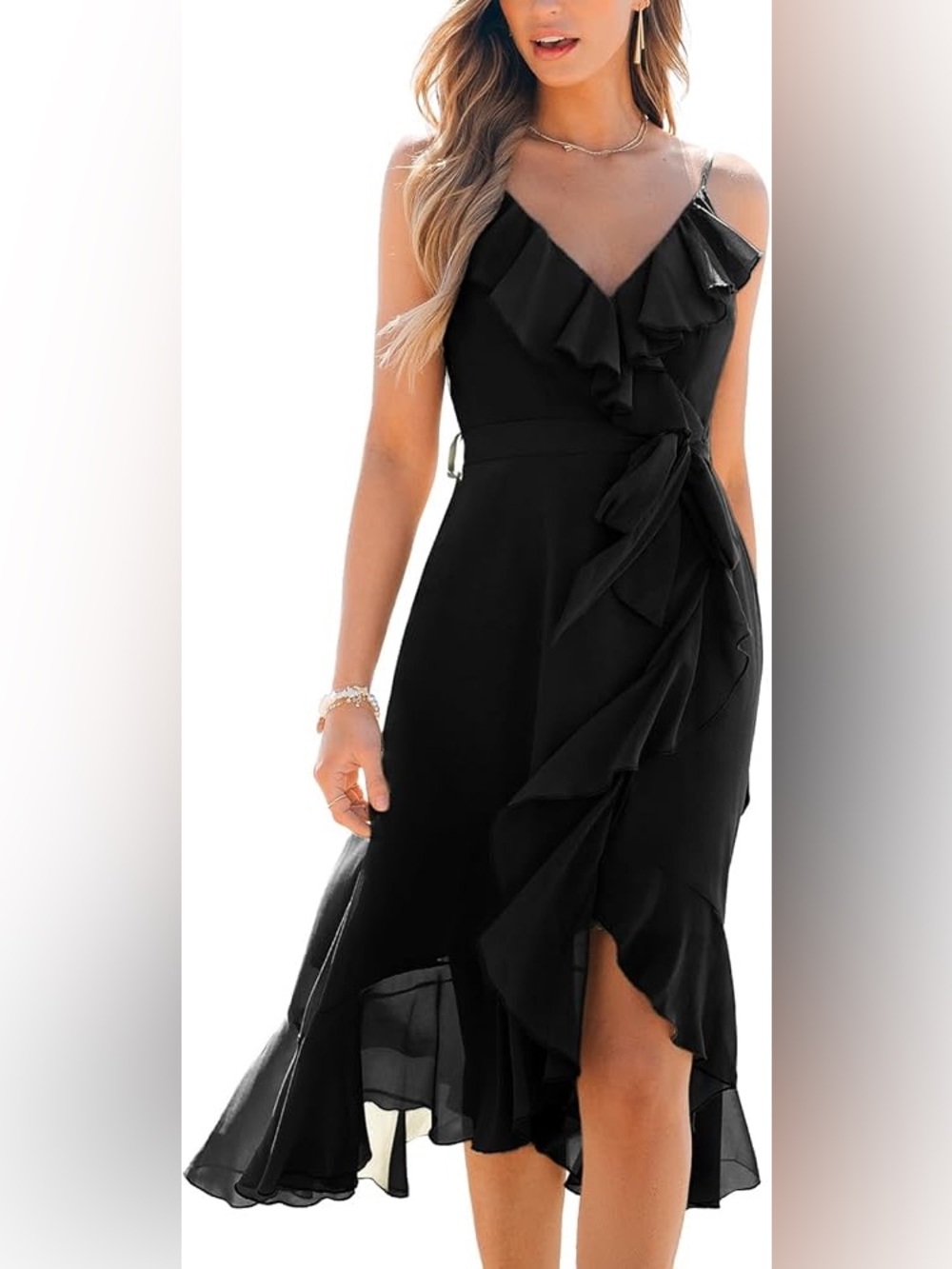 H&M Divided Elegant Black Ruffle V-Neck Midi Salsa Dress
